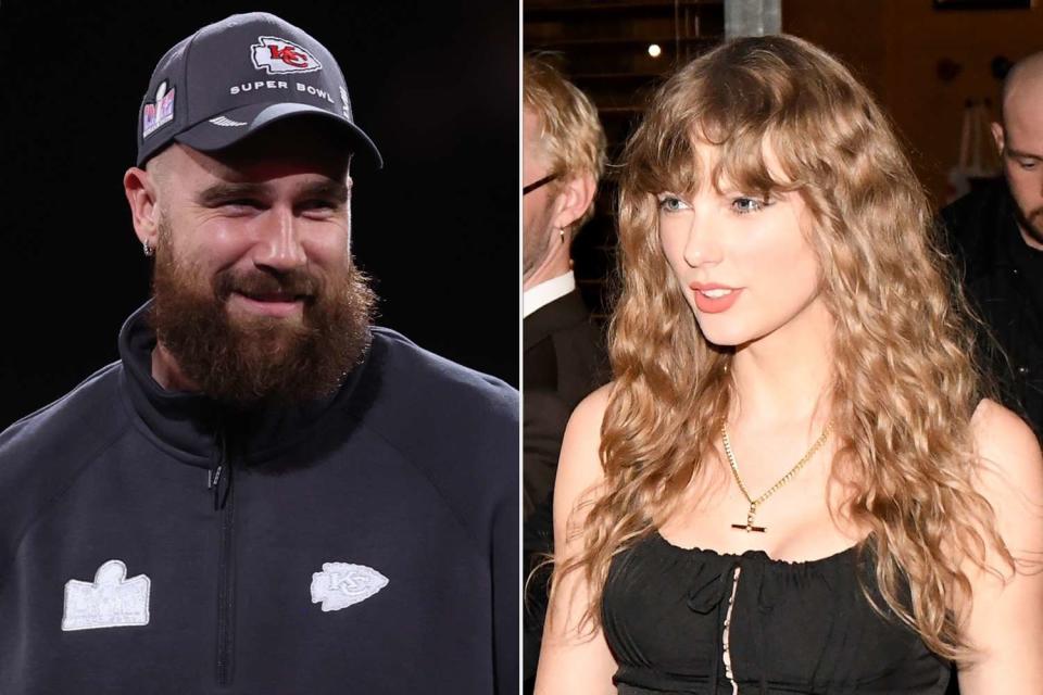 <p>Perry Knotts/Getty Images; Chris Dyson / BACKGRID</p> Travis Kelce and Taylor Swift