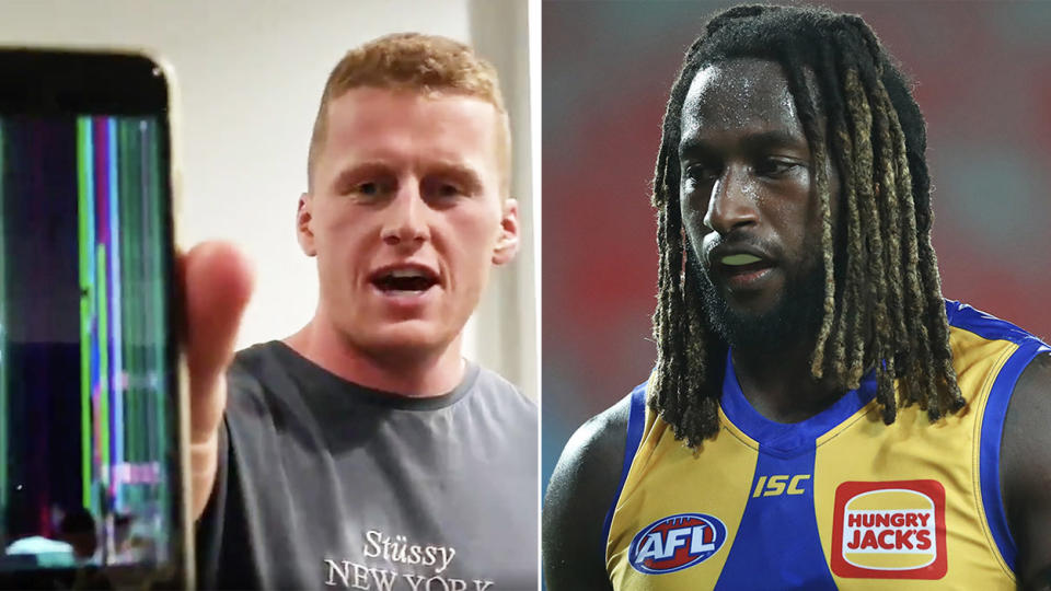 Reilly O'Brien (pictured left) holding up his broken phone and Nic Naitanui (pictured right) during a game.