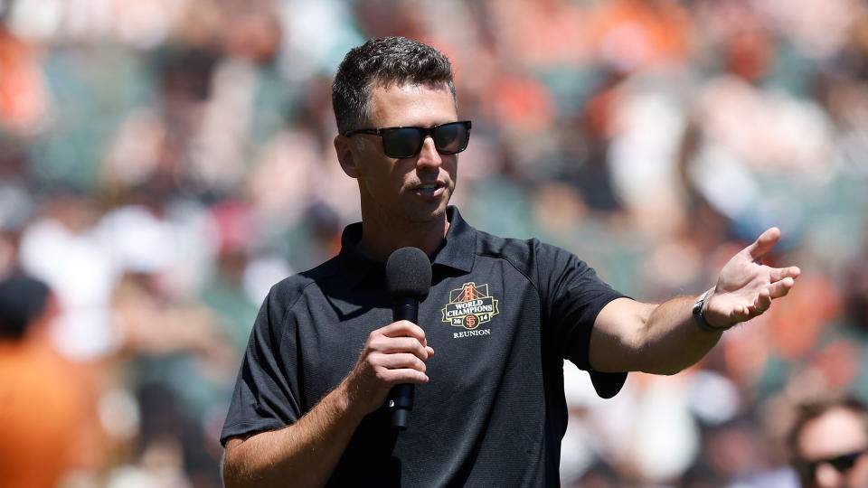 SAN FRANCISCO, CALIFORNIA – AUGUST 10: Former San Francisco Giants player Buster Posey speaks during the 2014 World Series Reunion ceremony before the game between the San Francisco Giants and the Detroit Tigers at Oracle Park on August 10, 2024 in San Francisco, California, to the audience. (Photo by Lachlan Cunningham/Getty Images)