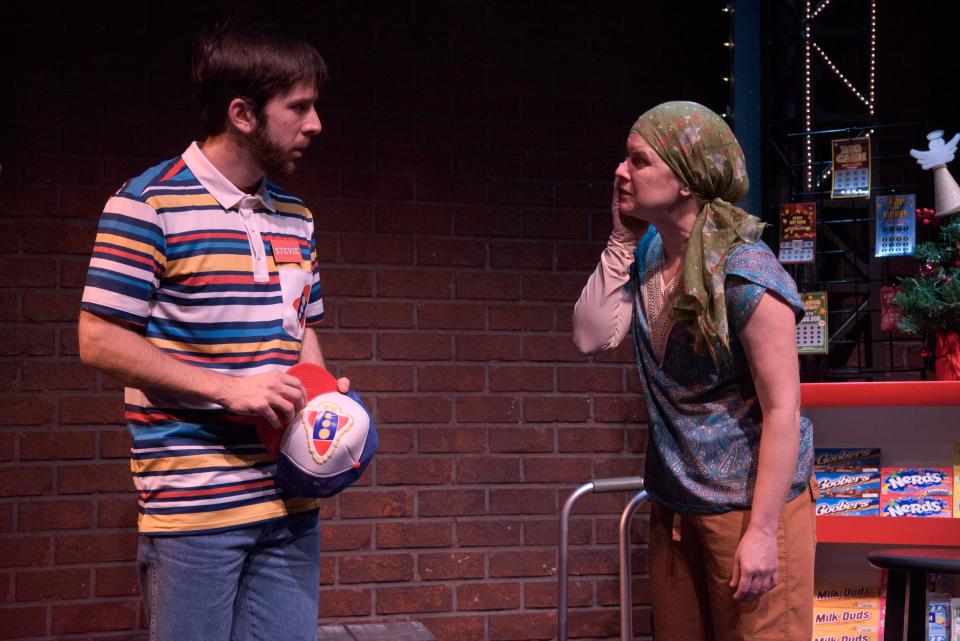 Johnny Shea and Rachel Moulton in a scene from Lindsey Ferrentino’s “Ugly Lies the Bone” in the Stage III series at Florida Studio Theatre.