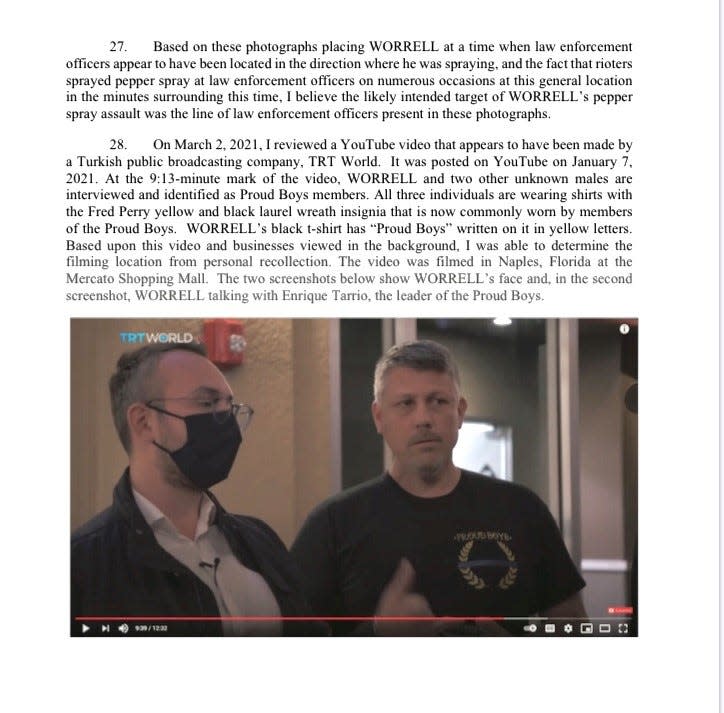 Christopher Worrell, right, of East Naples, is shown during a video interview with the Turkish public broadcasting company, TRT world. The FBI revealed the information in a complaint signed March 10, 2021, by a federal magistrate. The court document also notes that Worrell was wearing a shirt with "the Fred Perry yellow and black laurel wreath insignia that is now commonly worn by members of the Proud Boys." The video was recorded at the Mercato in Naples and uploaded to YouTube on Jan. 7, 2021, the day after the Capitol riot, the complaint said.