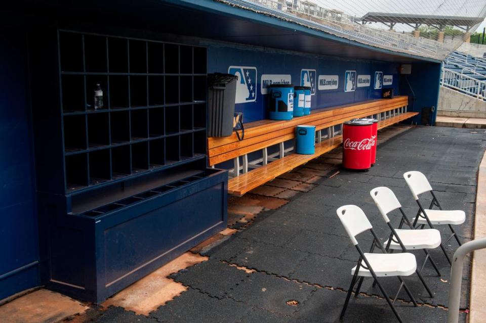 One of the dugouts at Shuckers Ballpark, on Friday, May 10, 2024. As a part of a recent renovation, the dugouts received a facelift, with new benches and storage installed.