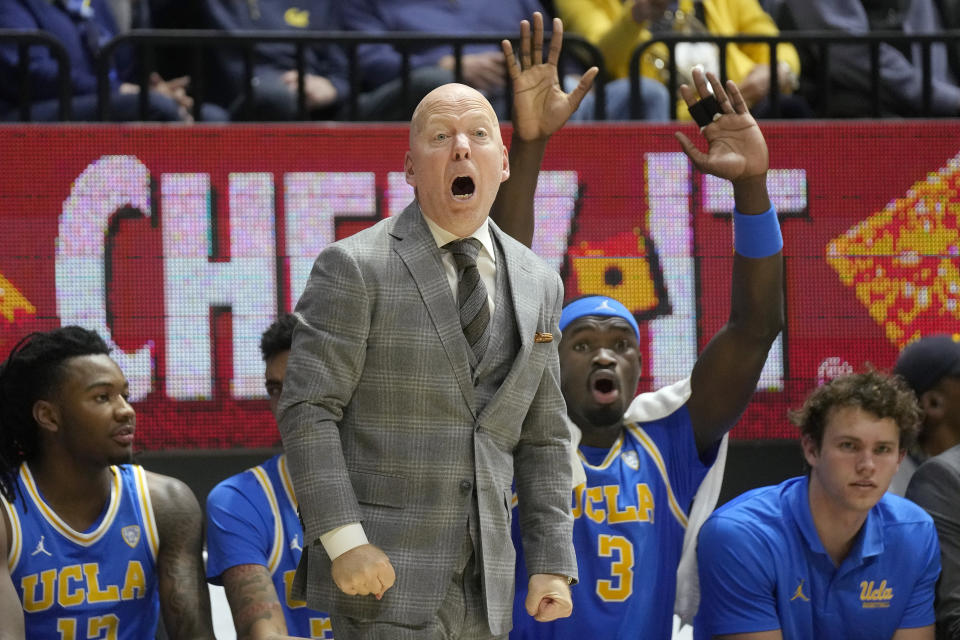 UCLA head coach Mick Cronin reacts toward officials during the second half of an NCAA college basketball game against California in Berkeley, Calif., Saturday, Feb. 10, 2024. (AP Photo/Jeff Chiu)