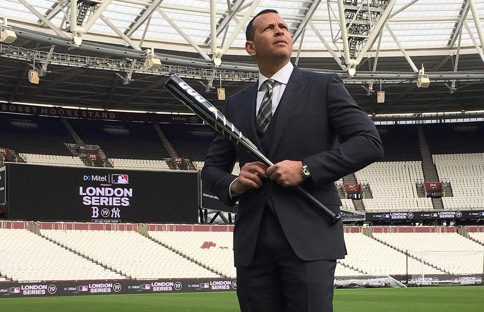 Baseball player Alex Rodriguez poses for pictures at the London Stadium during an event to promote Major League Baseball's London Series, in London, Britain, November 19, 2018. REUTERS/Iain Axon