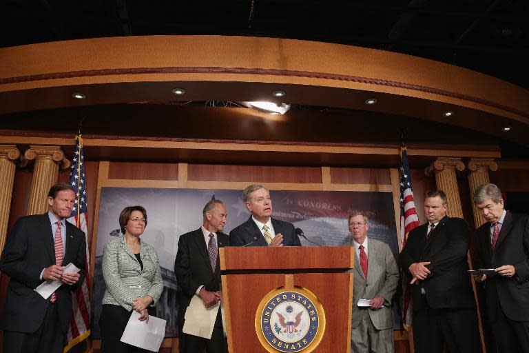 US Senator Lindsey Graham (C) speaks during a news conference about media shield legislation at the US Capitol July 17, 2013 in Washington, DC