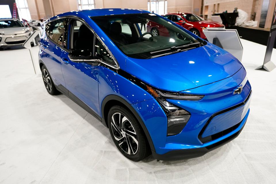 A Chevrolet Bolt is displayed at the Philadelphia Auto Show, Jan. 27, 2023, in Philadelphia.