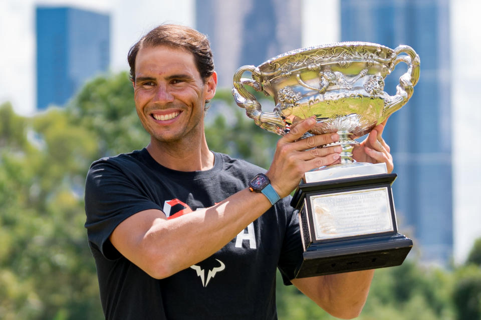 Rafael Nadal (pictured) poses with the Norman Brookes Challenge Cup after winning last night's 2022 Australian Open Men's Singles Final, at Government House on January 31, 2022 in Melbourne, Australia.