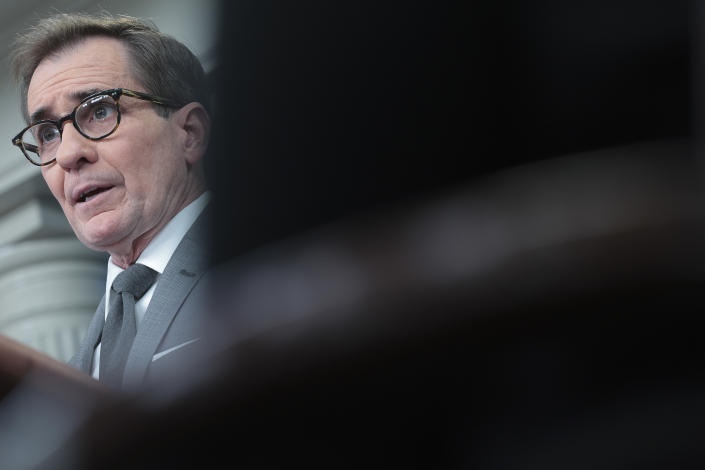 John Kirby, coordinator for strategic communications at the National Security Council, answers questions during the daily press briefing at the White House on Monday. 