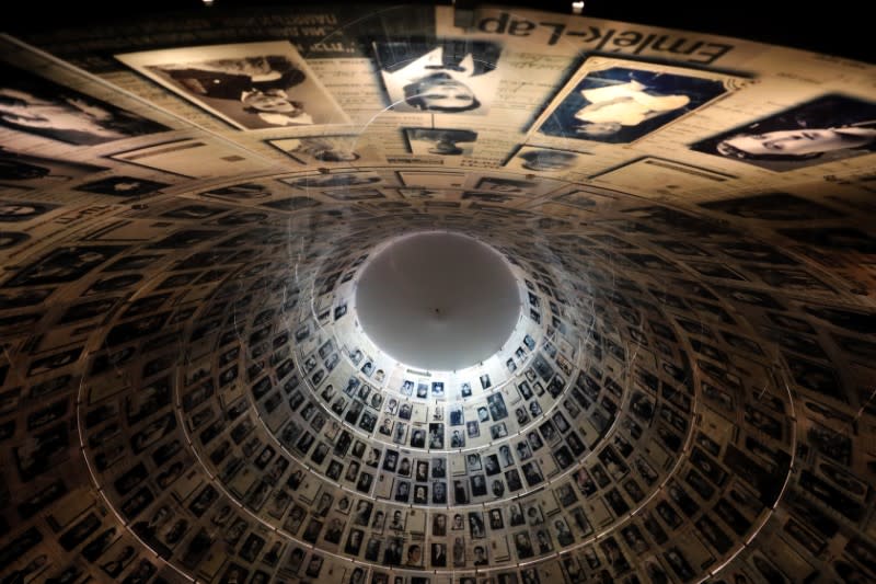 A view from below shows pictures of Jews killed in the Holocaust displayed at the Hall of Names in the Holocaust History Museum at the Yad Vashem World Holocaust Remembrance Center in Jerusalem