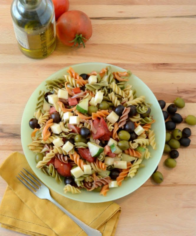 <p>Bless This Mess Please</p><p>Garlic and herb cheese will keep guests coming back for more.</p><p><strong>Get the recipe:</strong> <strong><a href="http://www.blessthismessplease.com/2014/06/pasta-salad-party.html" rel="nofollow noopener" target="_blank" data-ylk="slk:Pasta Salad for a Party;elm:context_link;itc:0;sec:content-canvas" class="link ">Pasta Salad for a Party</a></strong></p>