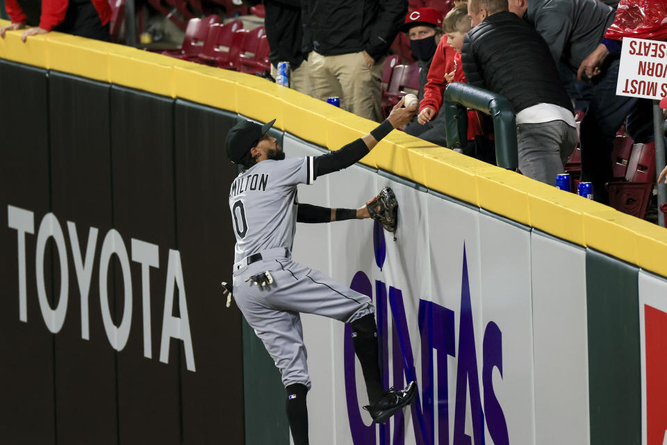Chicago White Sox Billy Hamilton climbs the outfield wall to give the ball to a fan prior to the bottom of the sixth inning of a baseball game against the Cincinnati Reds, Tuesday, May 4, 2021 in Cincinnati. (AP Photo/Aaron Doster)