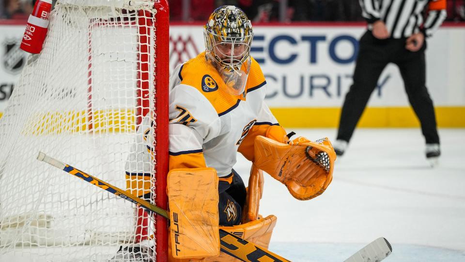 Juuse Saros made a whopping 64 saves in the Nashville Predators' 5-3 win over the Carolina Hurricanes on Thursday. (Getty Images)