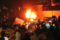 Protesters with posters and placards shout during a massive demonstration against the Citizenship Amendment Act (CAA) and National Register of Citizens (NRC) after the Friday prayers defying prohibitory orders and police clampdown at Jama masjid on December 20, 2019 in New Delhi, India. The national capital witnessed a fresh protests with a car being set on fire when the protesters clashed with the security officials when they were stopped near Delhi Gate in old quarters of Delhi. (Photo by Mayank Makhija/NurPhoto via Getty Images)