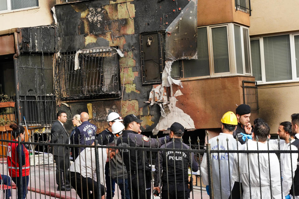 Fire brigade and ambulance teams arrive at the Besiktas district of Istanbul after a fire broke out during renovations in the night club in the basement of a 16-story building on April 2,2024 in Istanbul, Turkey.  / Credit: Sercan Ozkurnazli/dia images via Getty Images