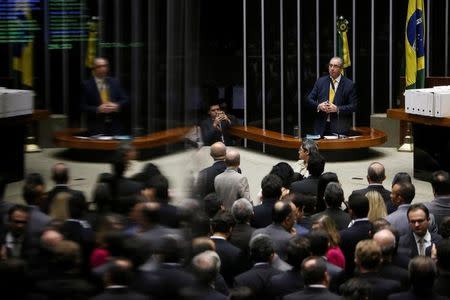 Former speaker of Brazil's Lower House of Congress, Eduardo Cunha, speaks in a session of the House as they debate his impeachment, in Brasilia, Brazil, September 12, 2016. REUTERS/Adriano Machado