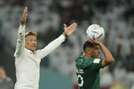 Saudi Arabia's head coach Herve Renard gives instructions from the side line during the World Cup group C soccer match between Poland and Saudi Arabia, at the Education City Stadium in Al Rayyan , Qatar, Saturday, Nov. 26, 2022. (AP Photo/Francisco Seco)