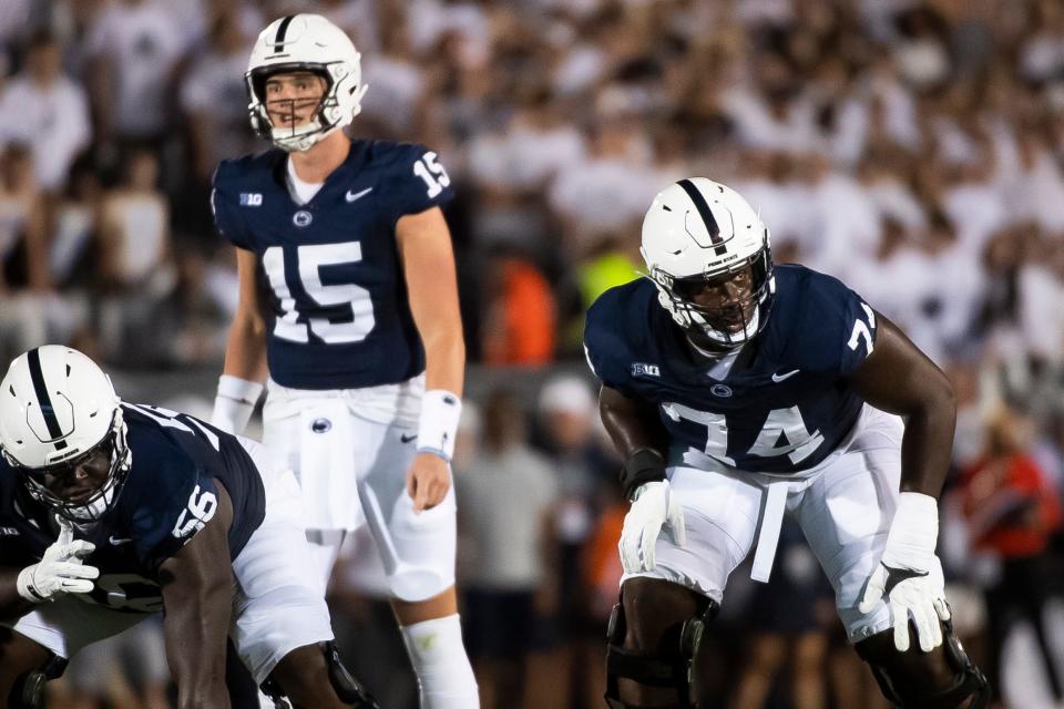 Penn State left tackle Olu Fashanu (74) gets set before a play against <a class="link " href="https://sports.yahoo.com/ncaaf/teams/west-virginia/" data-i13n="sec:content-canvas;subsec:anchor_text;elm:context_link" data-ylk="slk:West Virginia;sec:content-canvas;subsec:anchor_text;elm:context_link;itc:0">West Virginia</a> at Beaver Stadium September 2, 2023, in State College. Credit: Dan Rainville-USA TODAY NETWORK