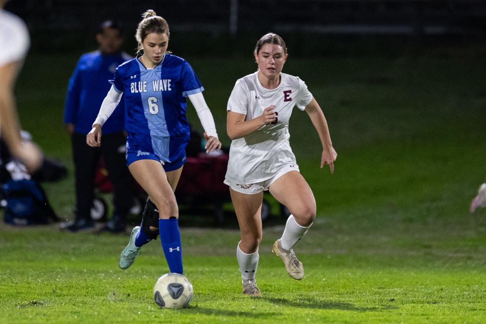P.K. Yonge forward Ava Amish (6) dribbles the ball away from Episcopal defender Rivers Carney (16) during the first half.