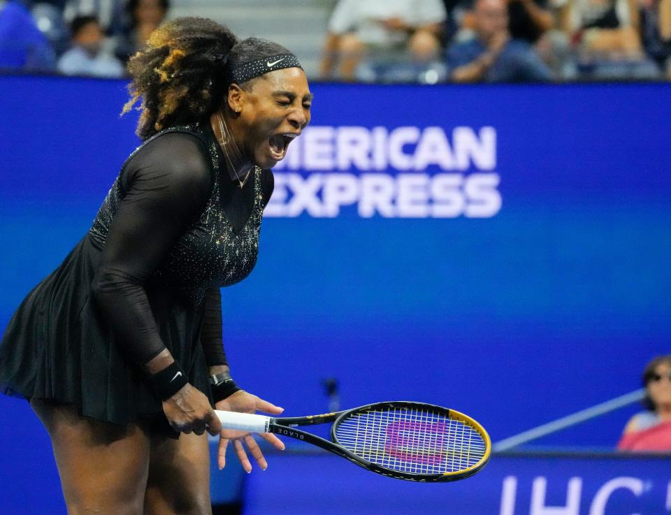 Serena Williams celebrates winning a point against Ajla Tomljanovic.