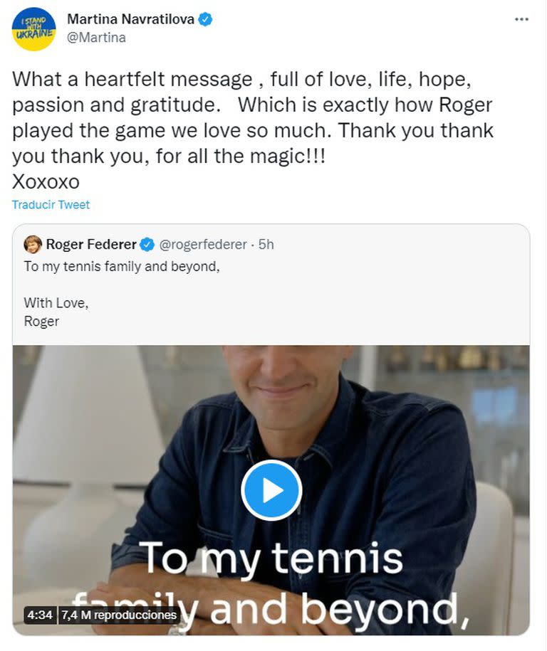 Martina Navratilova reaccionó en Twitter al posteo de Roger Federer (Foto: Twitter @Martina)
