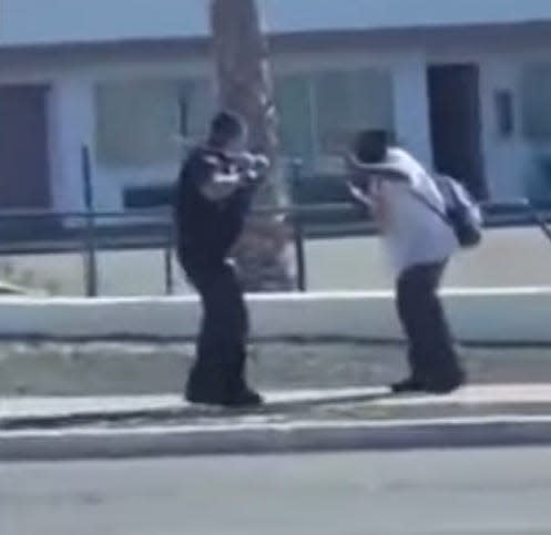 A Barstow Police officer has been placed on administrative leave as police officials investigate his use of a baton to strike an uncooperative suspect during an arrest on Friday.