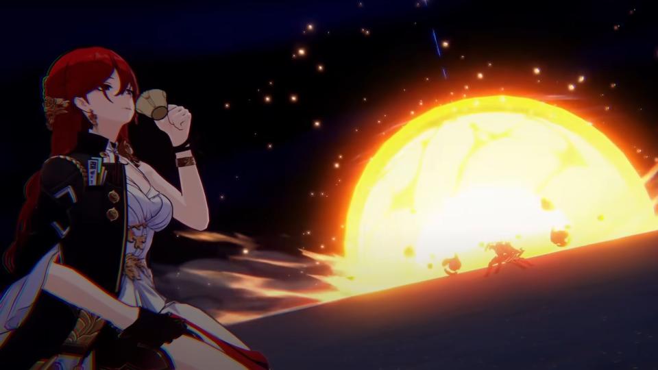 Himeko sips tea as a huge explosion triggers in the background