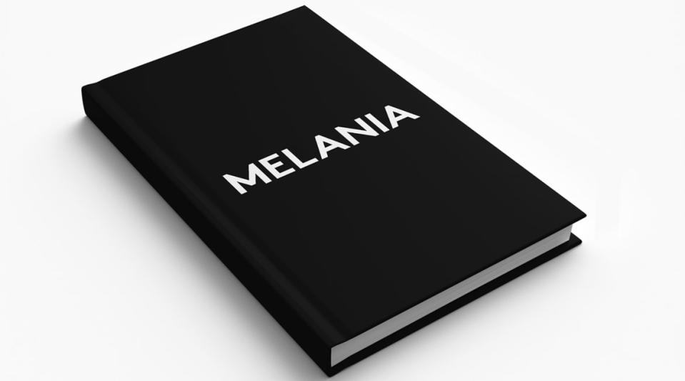 Melania cover: Black text on white background