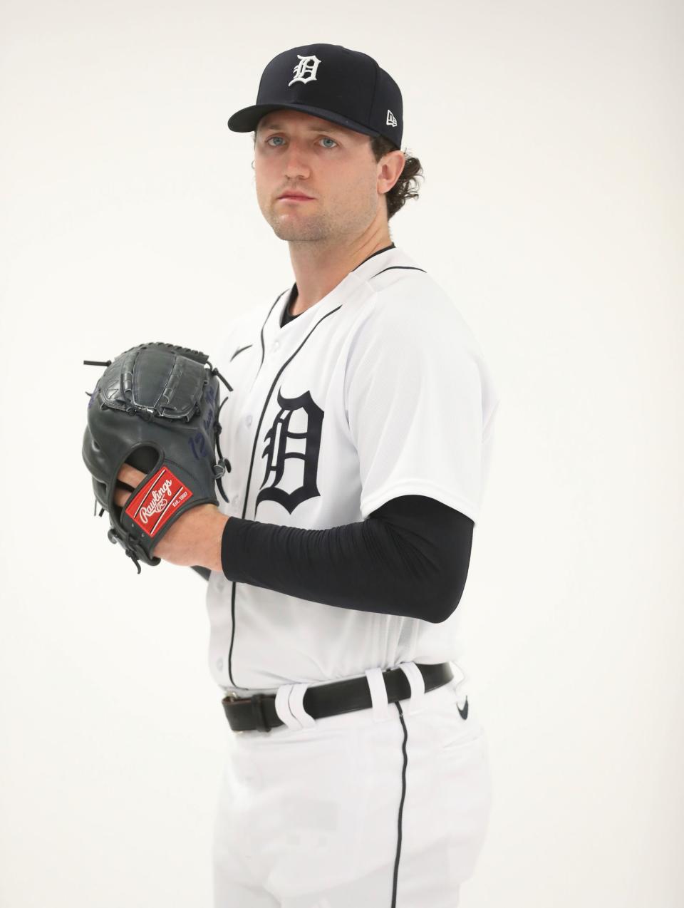 Detroit Tigers pitcher Casey Mize poses for team individual shots during photo day in Lakeland, Florida, on Friday, Feb. 24, 2023.
