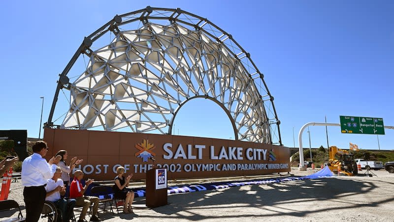 The Hoberman Arch from the 2002 Olympics in Salt Lake City has been installed and signage unveiled during a news event at the Salt Lake City International Airport on Tuesday, Aug. 29, 2023. During a recent interview with NBC Sports, Christophe Dubi, the IOC’s Olympic Games executive director, offered an encouraging assessment of the state’s legacy from hosting in 2002, as well as of that of France’s French Alps bid for the 2030 Winter Games.