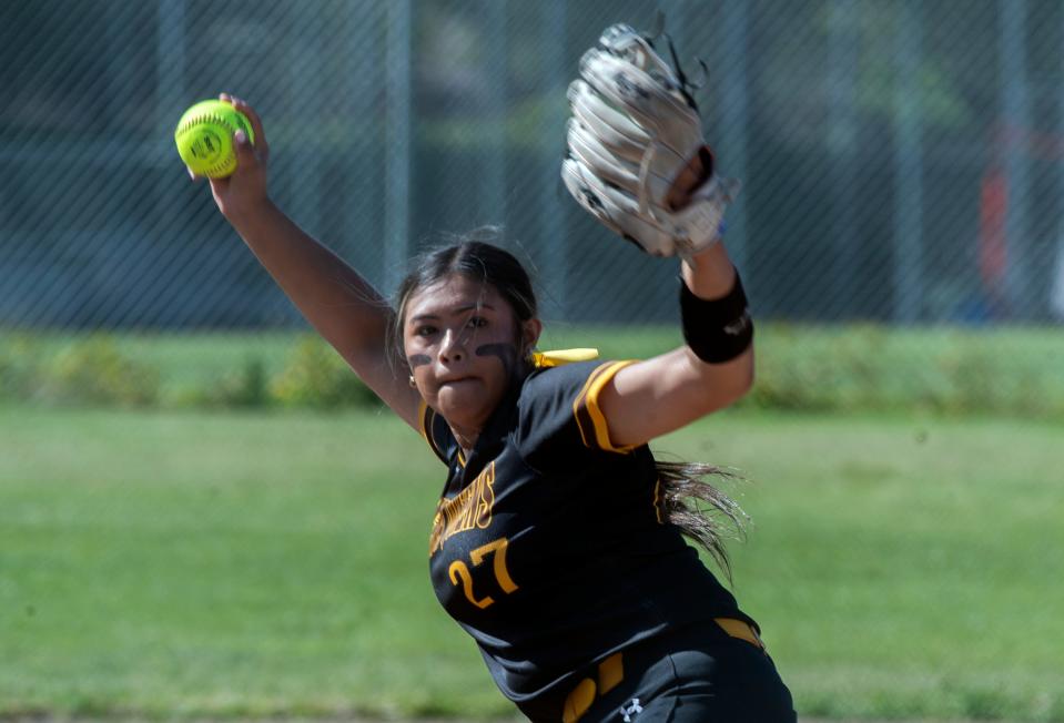 Stagg's Aerie Garcia delivers a pitch during a varsity softball game at Bear Creek High in Stockton on May, 1, 2024.