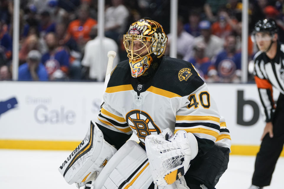 Boston Bruins goaltender Tuukka Rask (40) protects his net during the second period of Game 4 during an NHL hockey second-round playoff series against the New York Islanders, Saturday, June 5, 2021, in Uniondale, N.Y. (AP Photo/Frank Franklin II)