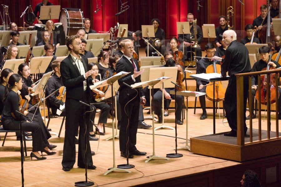 Sullivan (center) in the North American premiere of George Benjamin’s <em>Lessons in Love and Violence</em> at Tanglewood in 2022.