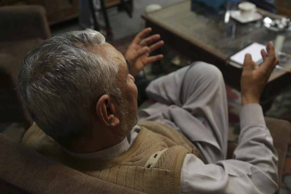 In this Feb. 17, 2019 photo, a village elder speaks during an interview with The Associated Press, in Kabul, Afghanistan. Security officials worry that Iranian-backed Afghan veterans of the war in Syria will one day become a secret army for Tehran in Afghanistan itself. Just knowing people who fought in Syria can land someone in jail, said the elder. He spoke on condition of anonymity for that reason. Eight men from his village were killed fighting in Syria, but there are no graves for them here. All were buried in Iran, he said. (AP Photo/Rahmat Gul)