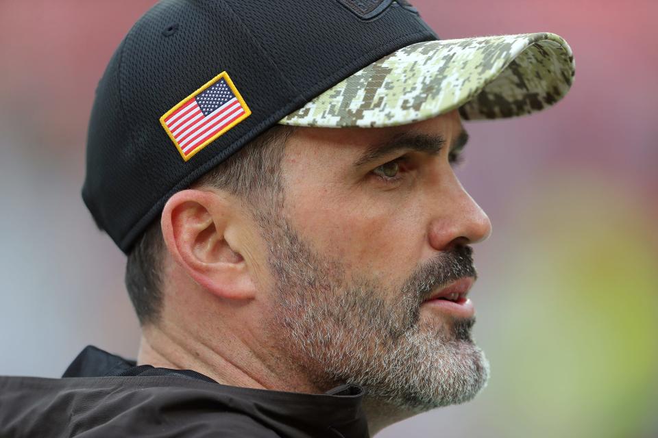 Browns head coach Kevin Stefanski stands on the sideline before a game against the Tampa Bay Buccaneers, Sunday, Nov. 27, 2022, in Cleveland.