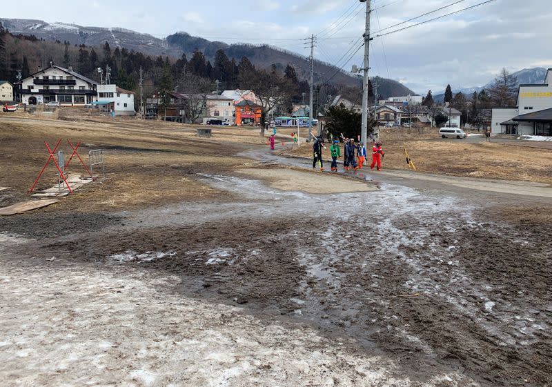 Melting snow is seen at a ski resort in Hakuba village