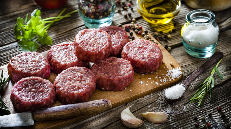 Beef patties on a table 