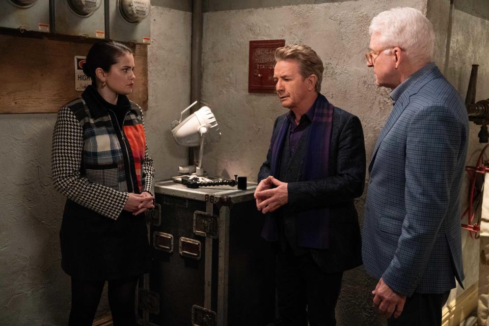 Mabel (Selena Gomez), Oliver (Martin Short) and Charles (Steve Martin) in Only Murders in the Building Season 3 (Disney+)