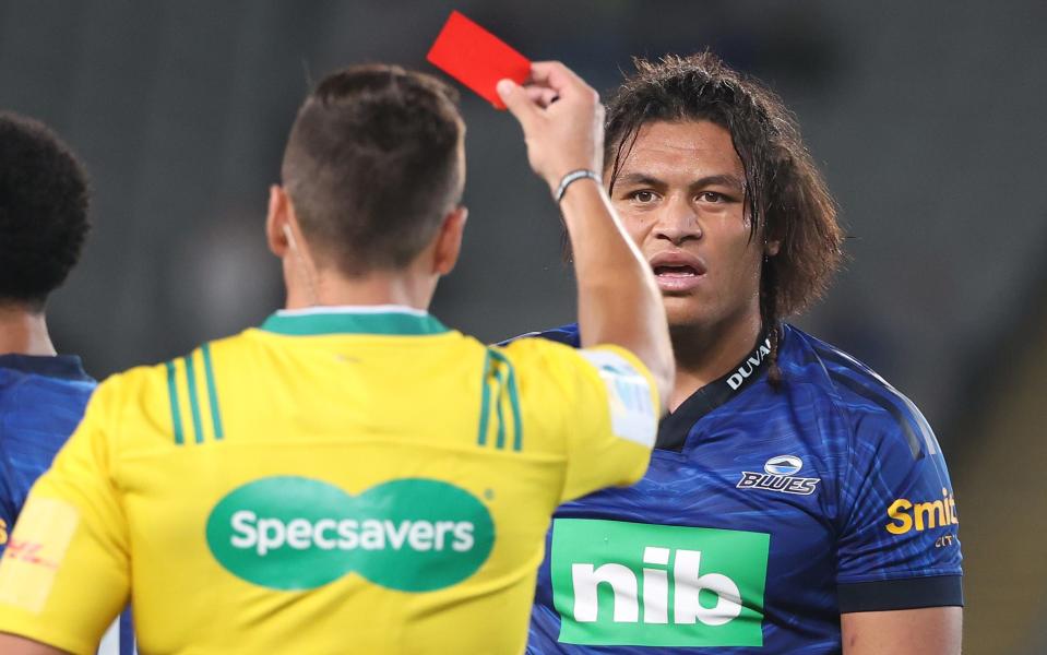 Caleb Clarke of the Blues (right) is sent off with a red card by referee James Doleman - Rugby World Cup could feature radical red card upgrade system - Getty Images/Fiona Goodall