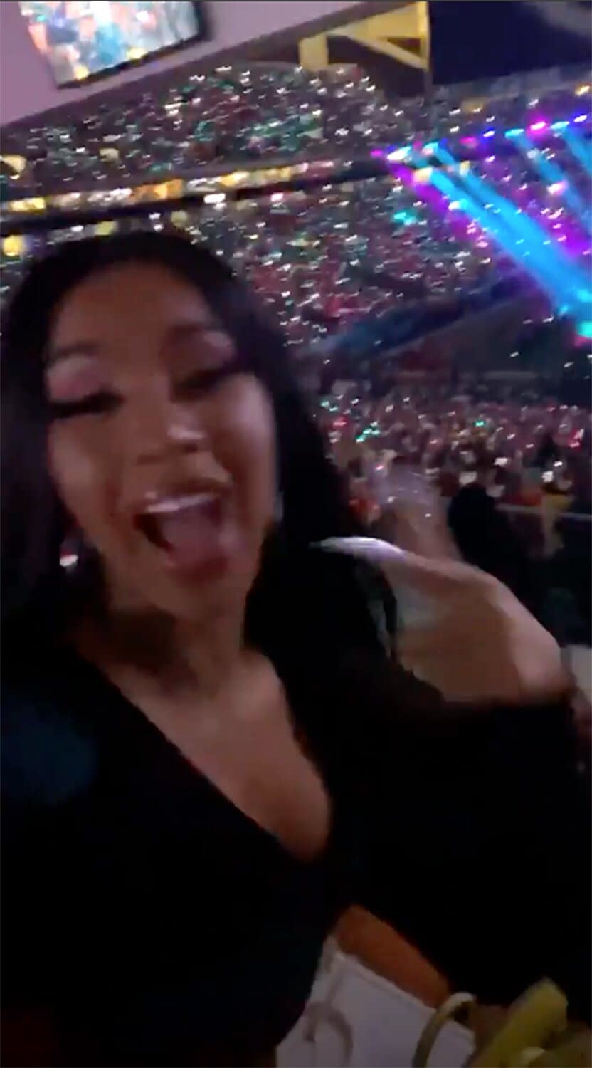 Cardi B rocked out to <a href="https://people.com/music/super-bowl-2020-jennifer-lopez-thanks-incredible-team-after-epic-super-bowl-2020-halftime-show/" rel="nofollow noopener" target="_blank" data-ylk="slk:Jennifer Lopez and Shakira's halftime show;elm:context_link;itc:0;sec:content-canvas" class="link ">Jennifer Lopez and Shakira's halftime show</a>, particularly Lopez's hit song,"Jenny from the Block." 