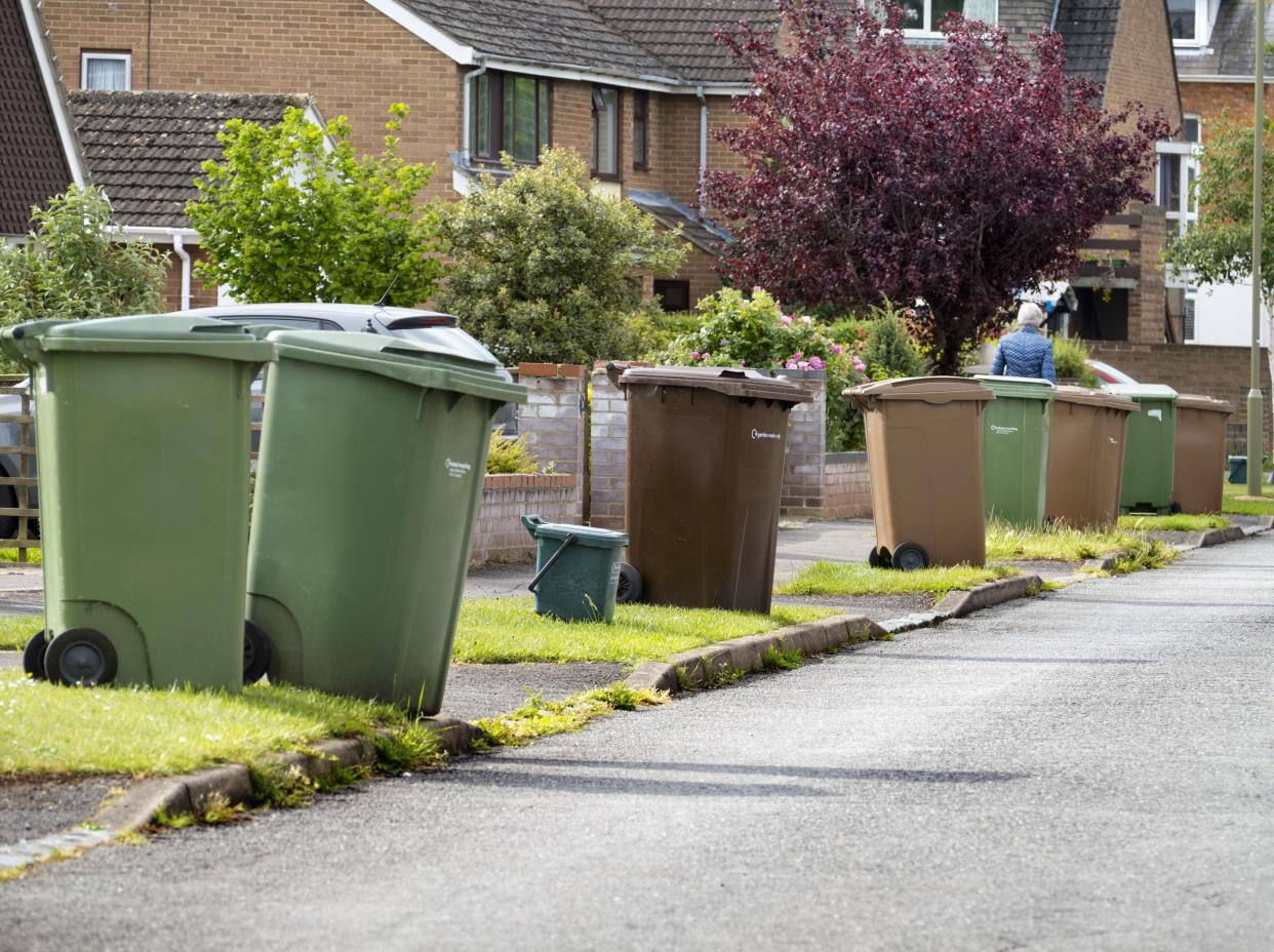 Garbage bins out for collection in Radley Village, Abingdon, England. (Photo by: Planet One Images/UCG/Universal Images Group via Getty Images)