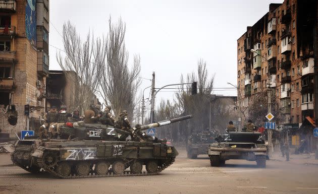 Russian military vehicles move in an area controlled by Russian-backed separatist forces in Mariupol, Ukraine, on April 23, 2022. (AP Photo/Alexei Alexandrov) (Photo: Alexei Alexandrov via AP)