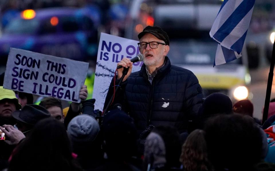 Jeremy Corbyn addresses protesters during the Kill the Bill march - Alberto Pezzali/AP