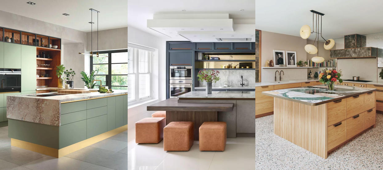  Are kitchen islands outdated? Green, gold and gray marble island. Multi-tiered island with seating. Colorful marble island with wooden cabinetry. 