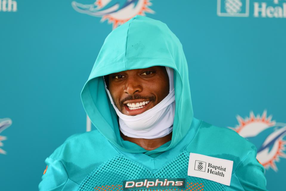 Jul 24, 2024; Miami Gardens, FL, USA; Miami Dolphins cornerback Jalen Ramsey (5) talks to reporters during training camp at Baptist Health Training Complex. Mandatory Credit: Sam Navarro-USA TODAY Sports