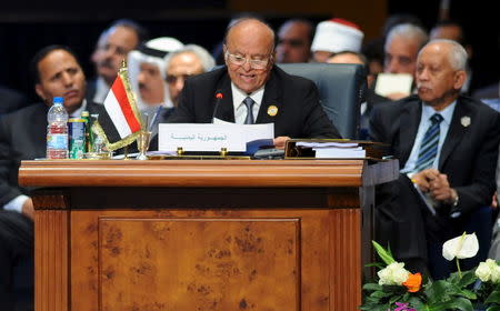 Yemen's President Abd-Rabbu Mansour Hadi speaks during the opening meeting of the Arab Summit in Sharm el-Sheikh, in the South Sinai governorate, south of Cairo, March 28, 2015. REUTERS/Stringer