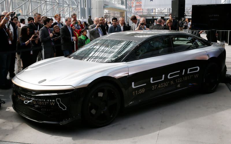 Lucid Air speed test car displayed at the 2017 New York International Auto Show in New York