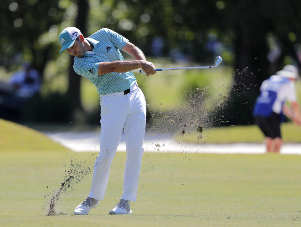 Sergio Garcia hits off the 15th fairway during the final round of the PGA Zurich Classic golf tournament at TPC Louisiana in Avondale, La., Sunday, April 28, 2019. (AP Photo/Gerald Herbert)