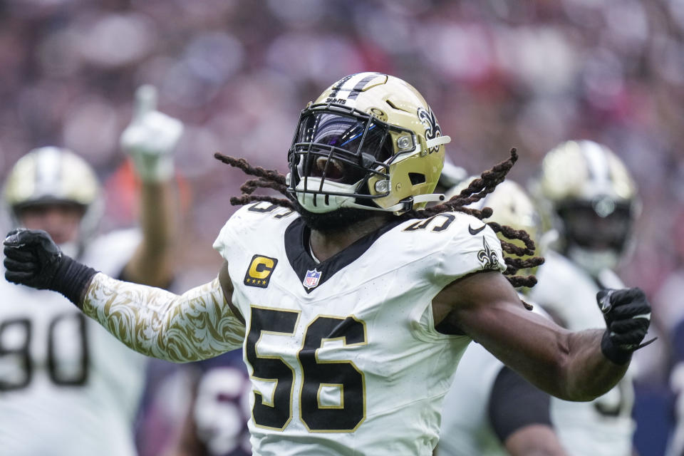 New Orleans Saints linebacker Demario Davis (56) reacts after sacking Houston Texans quarterback C.J. Stroud in the second half of an NFL football game in Houston, Sunday, Oct. 15, 2023. (AP Photo/Eric Christian Smith)