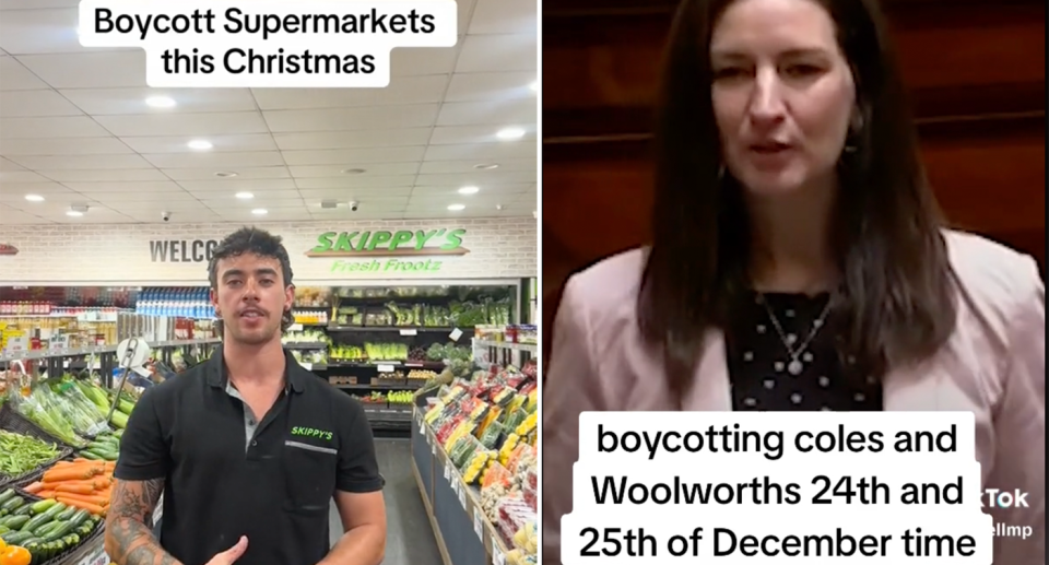 Grocer calls for boycott (left) and a TikTok of MP chiding supermarkets in parliament. 