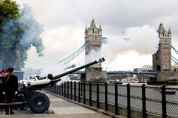 <div class="inline-image__caption"><p>A 96 round gun salute is fired by the Royal Artillery at the Tower of London as King Charles III is proclaimed King during the accession council on September 10, 2022 in London, England.</p></div> <div class="inline-image__credit">Tristan Fewings/Getty Images</div>